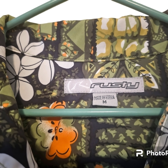 Rusty Surf Skate Hawaiian Shirt Mens Med Floral Green‎ Loop Collar Vintage 90s - Picture 2 of 3